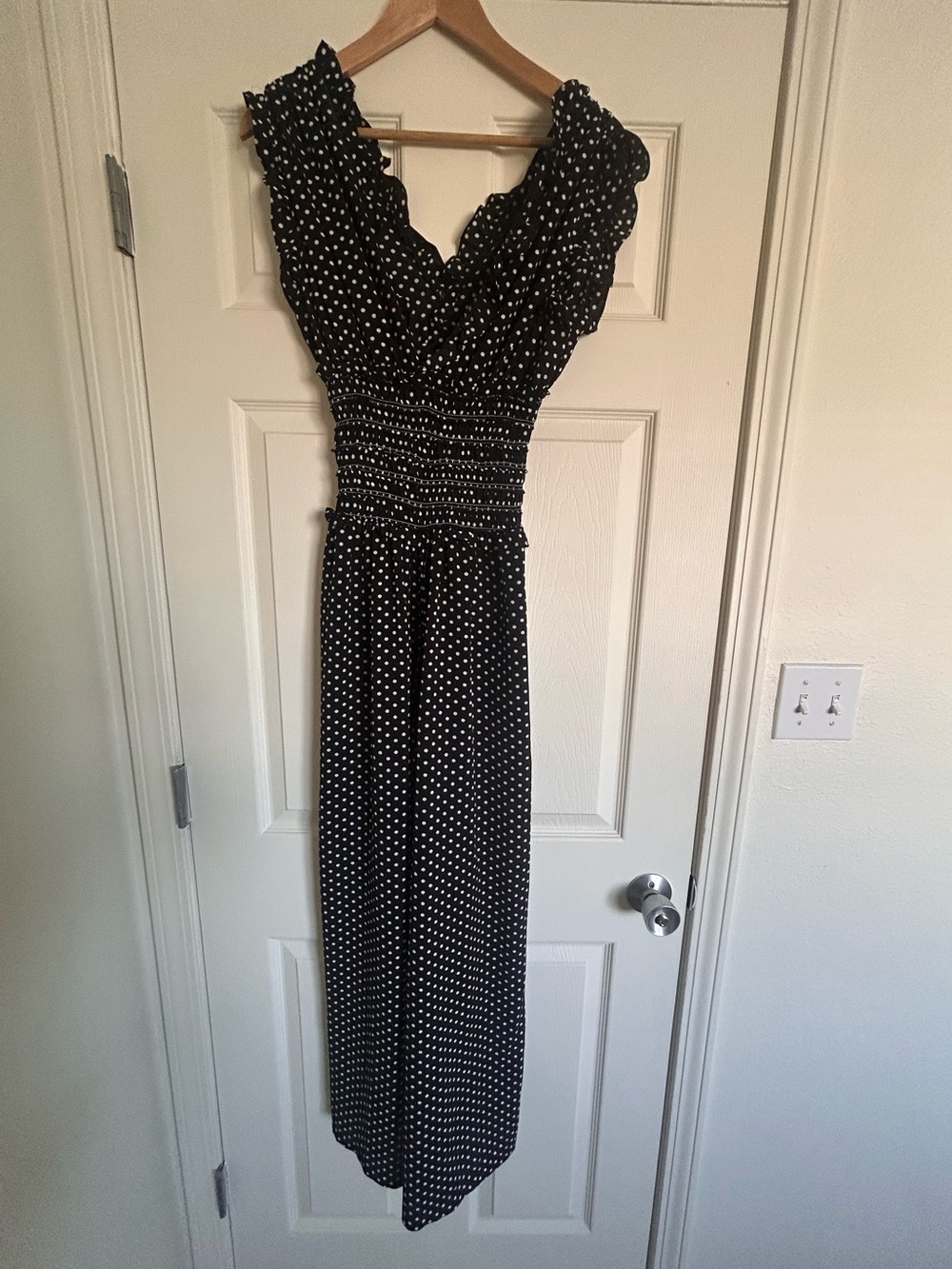 Max Studio Black + White Polka Dot Smocked Jumpsuit